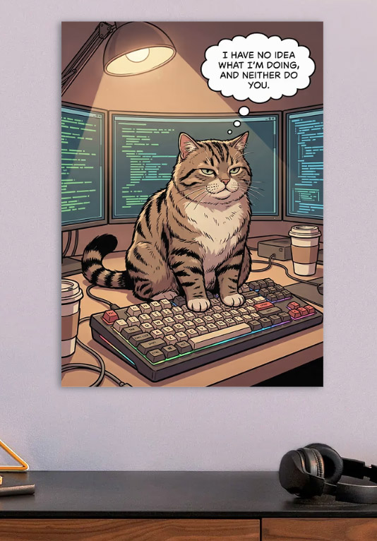 Cat Programmer with Coffee — metal poster wall art by Lineer